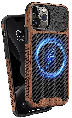 ZZDZZ Magnetisch Hülle für iPhone 11 Pro Max Hülle [Kompatibel mit MagSafe] Holz und Carbon Leder Design Handyhülle Stoßfest Schutzhülle (Schwarz)