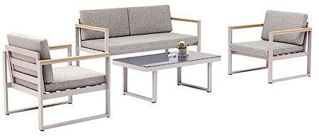 Home36 Gartenlounge Set Marbella 4-teilig, Sitzgruppe Gartenmöbel Set, Aluminium, Glas mit Siebdruckmalerei, Metall-Garnitur, Weiß, Terrasse, Balkonmöbel, Bank, Sofa Couch mit Tisch Set