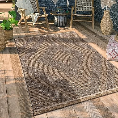 Paco Home Hochwertiger Outdoor Teppich Wetterfest & Pflegeleicht Jute-Sisal-Optik mit Fransen & Hoch-Tief-Effekt Langlebig für Terrasse, Balkon, Garten & Küche, Grösse:240x340 cm, Farbe:Beige 4