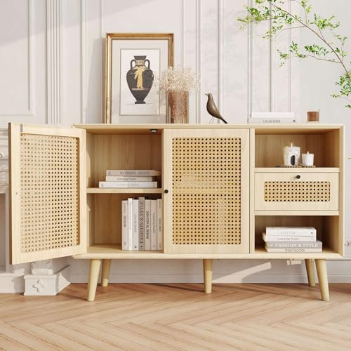 KOMHTOM Buffet Commode avec 1 Tiroirs et 2 Portes Meuble de Rangement en Bois avec étagères Réglables pour Cuisine, Salon et Bureau, 120x 40x80CM(B-Chêne)