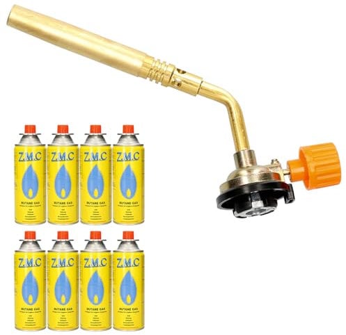 Z.M.C Quemador de gas de 1,65 kW + 8 cartuchos de gas de 227 g, quemador de soldadura de hasta 1371 °C, quemador Bunsen con llama ajustable, ideal para camping