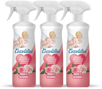 COCCOLATEVI Essenza per Ambienti Rosa e Geranio 750 ml X 3 Profumatore per Ambienti, Armadi, Cassetti, Automobile, Deodorante Ambiente, Profumo casa, Detergente Superfici, Antipolvere