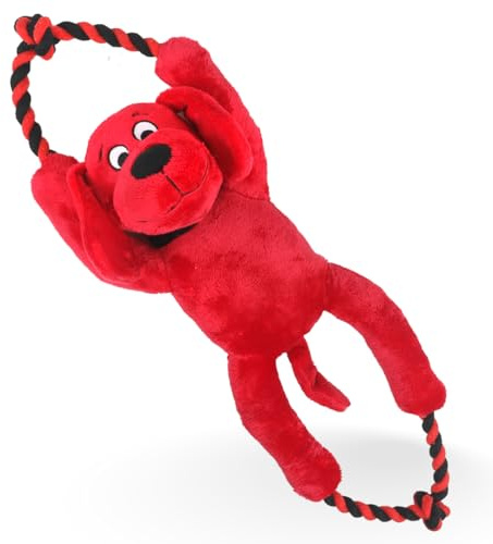 Clifford Rope Plush Dog Tug Toy, 16, Squeaker, Crinkle, Fetch & Pull | Soft Clifford Plush Character with Rope Loops for Tugging, Built-In Squeaker, Crinkly Ears & Interactive Play