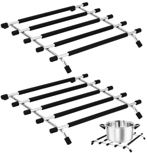 WIGUROE Topfuntersetzer aus Metall 2pcs,Schwarz Topfuntersetzer Edelstahl Pfannenschutz,Mit Rutschfester Unterseite und Gummifüßen,Geeignet für Küche, Außenküche, Esstisch Usw.