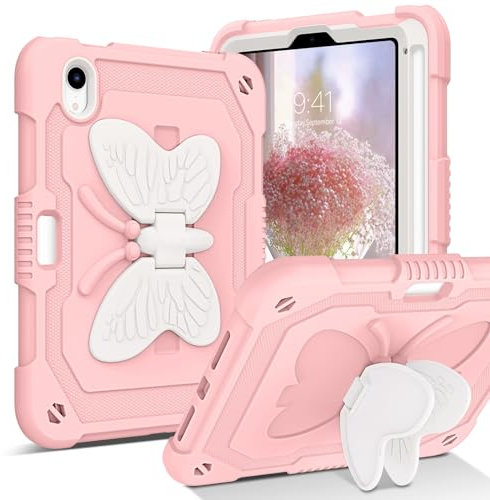 YINLAI Case for iPad Mini 7 2024/iPad Mini 6 Generation 2021 Two Layer Bumper Shockproof Butterfly Stand Protective Full Body Kid Cover Case for iPad Mini 7th/6th 8.3 Inch, Pink