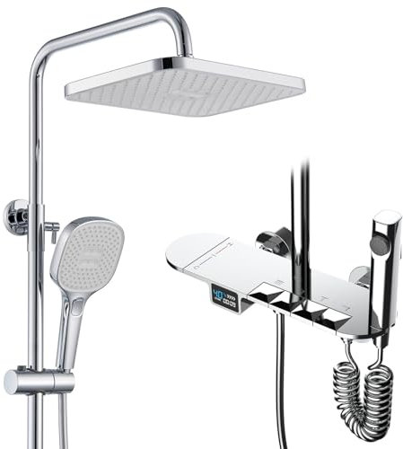 BEITH Ensemble de Douche Thermostatique, 30x20cm Carré Colonne de Douche, Touches du Piano Systèmes de Douche avec Affichage Numérique LED, Douchette, Robinet de Bain, Laiton Vanne, Réglable Hauteur