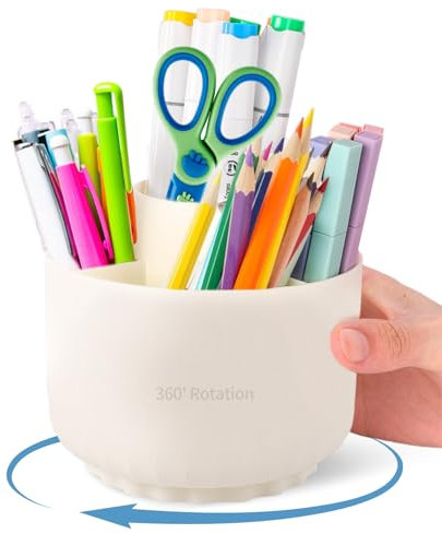 UOSIWYA Drehbarer Stiftehalter, 360° Schreibtisch Organizer Stifte Halter Organizer Schreibtischzubehör mit 5 Fächern Stifte Aufbewahrung für Platzsparendes Desk Organize (Beige)
