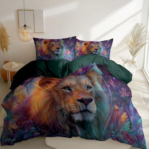135 x 200 cm Bettwäsche-Set Fantasy Tiere Löwe Pflanzen Motiv, Grün Weiche Mikrofaser Bettbezug für Kinder Jungen Mädchen und Frauen, Bettbezug mit Reißverschluss und Eckbändern