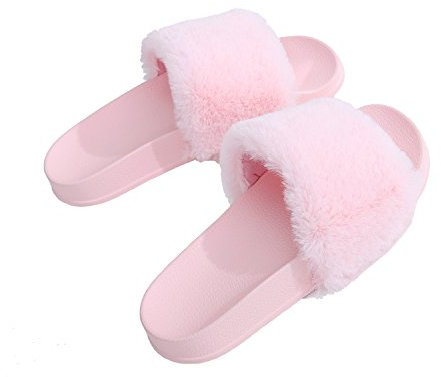 APIKA Femmes Flip Flop Faux Fourrure Slipper Fuzzy Fluffy Comfy Sliders Open Toe Slip sur(39 EU, Rose)