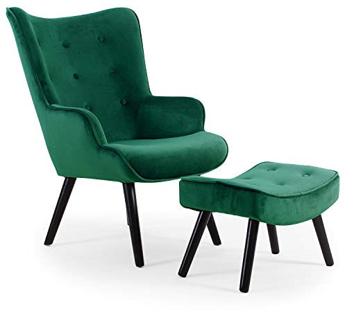 Menzzo Fauteuil Scandinave Vert avec Pouf Repose Pied Salon | Revêtement Velours | Pieds en Bois | Assise Moelleuse et Confortable | Modèle Lylou | L64 x P48 x H100 cm | Hauteur Assise 42 cm
