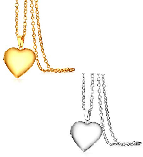 JewelryWe Schmuck 2pcs Edelstahl Foto Medaillon zum Öffnen Photo Bilder Amulett Poliert Herzanhänger Halskette Kette mit Anhänger für Damen Mädchen, Silber Gold