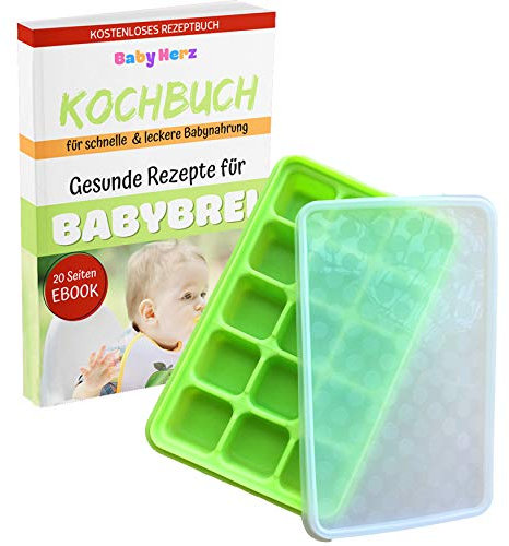 Baby Gefrierform mit Silikondeckel zur Aufbewahrung von Babynahrung - Versch. Farben zur Auswahl - ohne Weichmacher und zu 100% BPA frei (Grün groß)