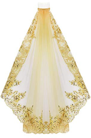 YJZQ Damen Schleier für Hochzeit, edler Schleier, Vintage, Stickerei, Spitze, Pailletten, Tüll, raffiniert, für Tanz, Ball, Abend, glänzend, Einheitsgröße, gold, Einheitsgröße