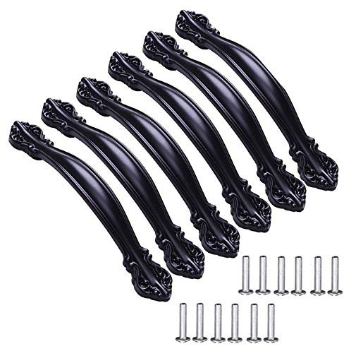 KanDery 6PCS Vintage Cabinet Handles, Furniture Door Pull Handles, Antique Bow Pulls, 128mm Hole Center, Black
