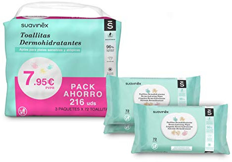Suavinex toallitas bebé dermohidratantes 216 unidades, aptas para pieles atópicas, 100% biodegradables, 96% ingredientes de origen natural, pack 3 x 72 (216 toallitas)