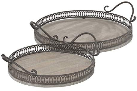 ETC dekoratives Tablett rundes Deko-Tablett mit Griffen Metall in Shabby braun Vintage Landhaus Optik (groß)