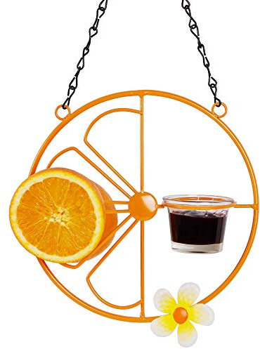 FORUP Oriole Bird Feeder for Outdoors Jelly and Oranges, Orange Fruit Oriole Jelly Bird Feeder, Outdoor Garden Metal Hanging Drinking Grape Jelly Container Hummingbird Feeder, One Pack