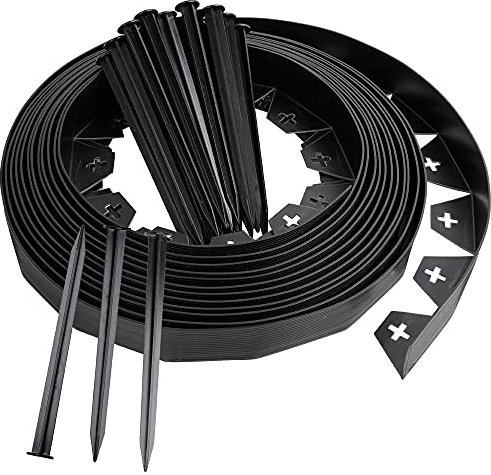 JonesHouseDeco Flexible Rasenkante 10m Garteneinfassung 4cm Schwarz PVC Biegsame Beeteinfassung mit 50 Befestigungstiften…