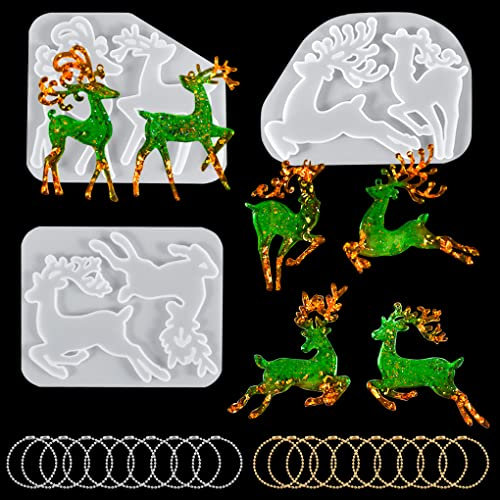 FineInno 3Pcs Elch Gießform Elk Resin Mold Tier Epoxidharz Harz Form Schmuck Silikonform mit 20 Ketten für Weihnachte Anhänger Dekoration DIY Basteln