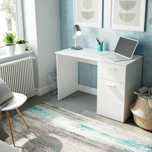 Dmora - Bureau Mckinney, Bureau multifonction avec 1 tiroir et 1 porte, Table d'étude ou de bureau pour PC, 108x50h73 cm, Blanc
