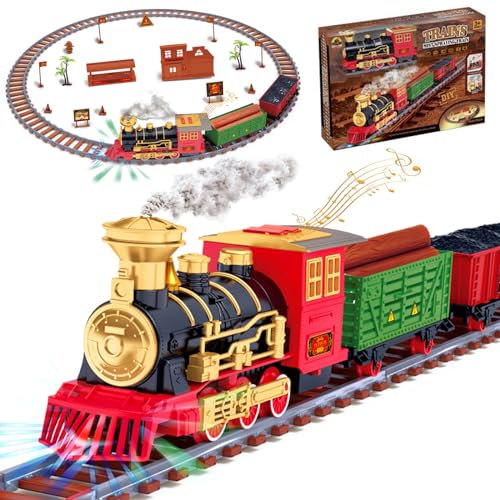 Weihnachts Eisenbahn Zugset, GTHBA Elektrische Dampfzug Kinder mit Realistisch Rauch, Licht & Geräuschen, Batteriebetrieben Dampflokomotive mit Bahngleis, Weihnachten Geschenk für Jungen, Mädchen