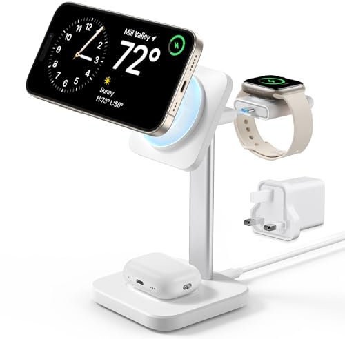 ESR 3-in-1 Wireless Charger Stand with MagSafe, Removable Made for Apple Watch Certified Charger, MagSafe Charging Station, Magnetic Charger for iPhone 16/15/14/13/12 Series, AirPods 4/3/Pro, White
