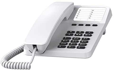 Gigaset DESK 400 - Schnurgebundenes Telefon mit elastischem Kabel, Platz für 10 Kurzwahleinträge, Wahlwiederholung, hörgerätekompatibel, MFV- oder Impulswahl einstellbar, weiß [Deutsche Version]