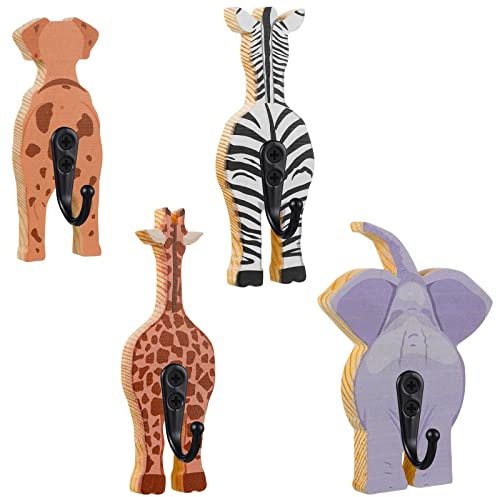 Qunclay 4 Pcs Safari Animal Wall Hooks Decorative Coat Wall Mounted Hooks Wooden Elephant Giraffe Zebra Dog Hanger for Nursery Bedroom Home Decor