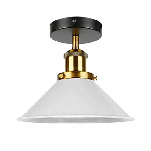 LEDSone Semi Flush Mount Ceiling Light with Metal E27 Base 22cm White Cone Lampshade Industrial Vintage Ceiling Lighting Fixture for Kitchen, Bedroom, Dining Room with Bulb