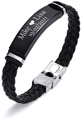 XUANPAI Bracelet Cuir Personnalisé Gravure, Manchette Tressée Cuir avec Plaque en Acier Inoxydable, Classique Bracelet Polissage Réglable pour Homme Garçon, Noir (❤)