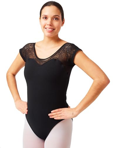 tanzmuster Ballett Trikot Damen Kurzarm - Natalie - Baumwolle - BH-Pad-Einschub - Ärmel aus Spitze geblümt - schwarz 38 - schwarzer Tanz Body - Ballettkleidung für Erwachsene