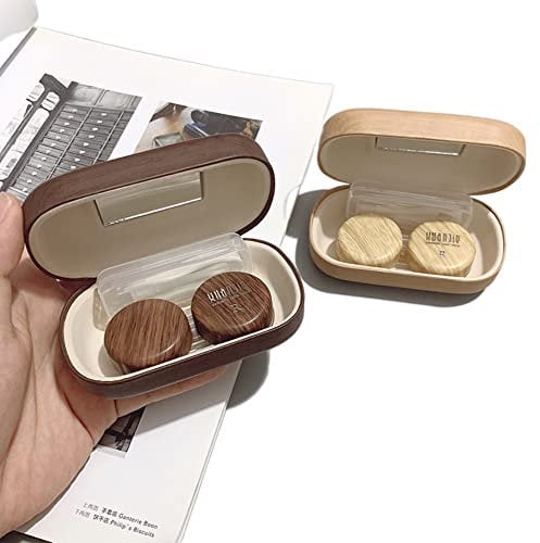 gofidin 2PCS Retro Leather Wood Grain Double Partner Cosmetic Contact Lens Box Large Diameter Leak-proof Storage Myopia Contact Lens Case