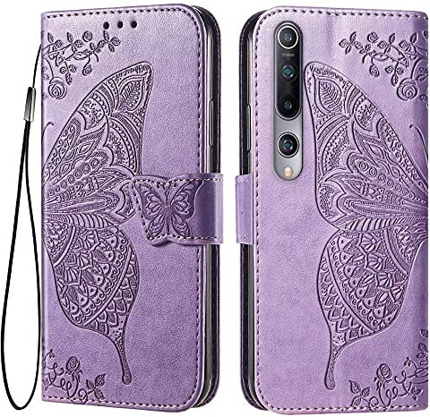 EASSGU Leder Handyhülle für Xiaomi MI 10 5G (6.67 Inches) Flip-Folio Magnetische Hülle mit 3 Kartenfach, 1 Wallet, Sturzfeste, Kratzfeste Case - Helles Lila