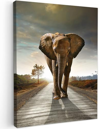 MuchoWow© Wandbilder 60x80 cm Schlafzimmer Home Deko Wohnung Bild Tier Wohnzimmer Fotoleinwand Wand Bilder Tierbilder auf Leinwand Wall Decor Wanddeko Waldtiere - Elefant - Sonnenuntergang