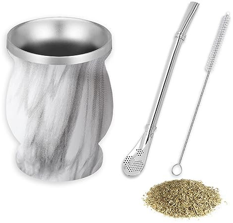 thirei Mate Tee Set, 230ML Mate Becher, Mit Strohhalm und Reinigungsbürste, Geeignet für Küche, Restaurant, Café, Marmor