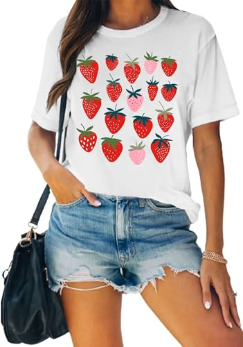 T-shirt pour femme motif fraise - T-shirt graphique - Vêtement de jardin - Cadeau, Blanc-A., XXL