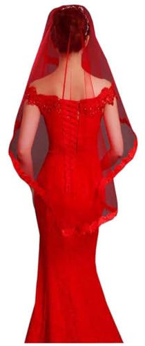 Hochzeit Brautschleier lang Frauen Festliche Tüll Schleier Braut Accessoire Kopfschmuck, Rot, 130 x 170 cm