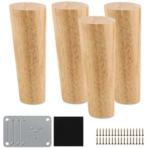 Pieds de Meuble 4 Pièces de Rechange 12cm en Bois - Pieds de Canapé Inclinés avec Plaque de Montage, Vis et Tapis Antidérapant pour Lit, Armoire, Tables et Chaises (Cylindre)