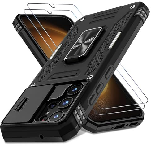 Handyhülle für Samsung Galaxy S24 Ultra 5G Hülle, mit Slide Camera, mit Kameraschutz [mit 2X Panzerfolie] Galaxy S24 Ultra Schutzhülle 360° Drehbarer Metall Ring Ständer Stoßfest Galaxy S24 Ultra Case