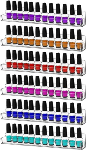 6 Pack Acrylic Nail Polish Organiser, Clear Wall Mount Storage Display Stand Rack Floating Shelf for Nail Polish Essential Oil Makeup Paint Alcohol Ink - Holds Up to 96 Bottles
