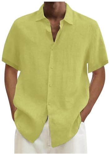 Generic Shirt Manche Courtes Homme Chemise Slim Fit Homme Vetement Homme T-Shirts À Manches Courte Homme Chemise sans Repassage Homme Chemisette Lin Homme Tenue De Plage Homme Chemise Jaune 4XL