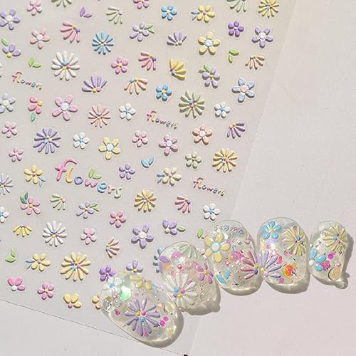 Bunt Nagelsticker Blumen,5D Geprägt Flower Buchstabe Nail Sticker Niedlich Blütenblätter Blumen Nagelaufkleber Gelee Relief Floral Nagel Sticker Blume Nagel Stickers Nageldesign Zubehör Nail Art