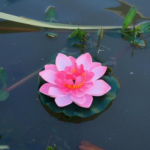 Fleur de lotus artificielle flottante en mousse avec coussin de nénuphar - Plantes artificielles pour étang de jardin, aquarium et piscine - Rose clair