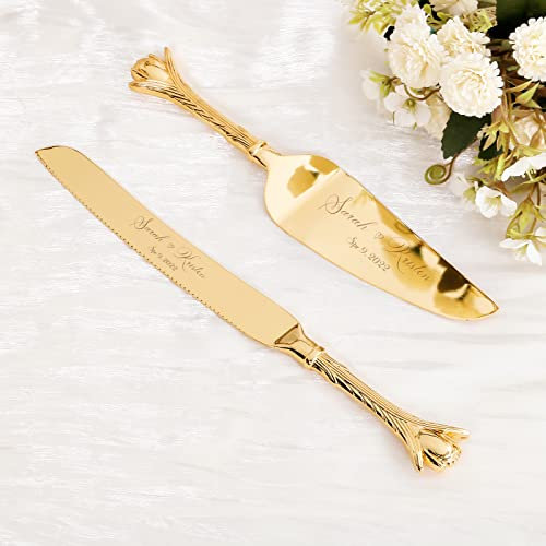 Cake Cutting Set for Wedding, Personalized Gold Cake Knife and Server Set, Custom Cake Serving Set, Engraved Pastry Pie Server Cake Pizza Cutter, Christmas Birthday Bridal Gift (Romance)