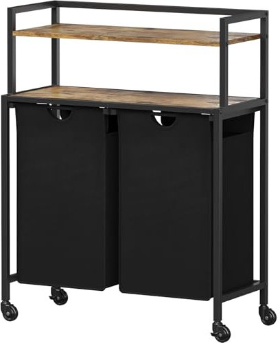 Lifewit Wäschekorb 2 Fächer, 95L/47.5x2L Wäschesammler mit 2 Ablage und Rollen, Laundry Baskets mit herausziehbaren Säcken, Wäschesortierer für Waschküche Schlafzimmer, Rustikal Braun &Schwarz