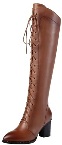 HSyc JRX Botas altas de piel con cordones para mujer Tacón bloque Botas con cordones, marrón, 38.5 EU