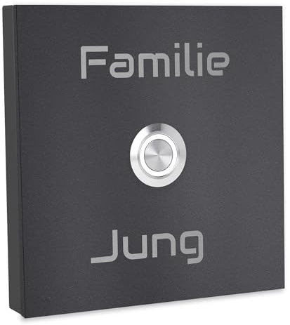 Jung Edelstahl Design Türklingel Bochum - Klingel V2A Edelstahl - incl. Gravur - LED Taster wählbar - Aufputz/Unterputztürklingel (Eisenglimmer db703, 10x10 cm)
