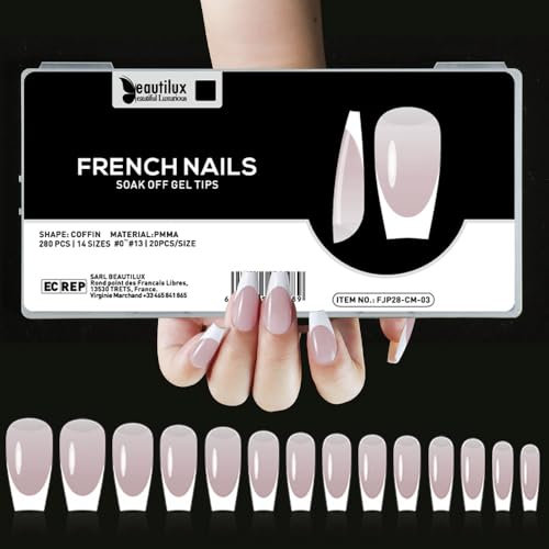 Beautilux Faux Ongles Medium Coffin French Press on Ongles 280 Pièces 14 Tailles, Soak Off Faux Ongles Pose Americaine Pour Manucures à Domicile