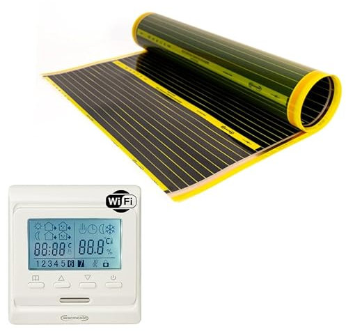 Warmcoin™ PTC Infrarot Heizfolie, elektrische Fußbodenheizung, 50 cm, Set, 190 W/m² mit und ohne Thermostat (W51 WIFI Weiß Thermostat, 4 lm = 2m²)