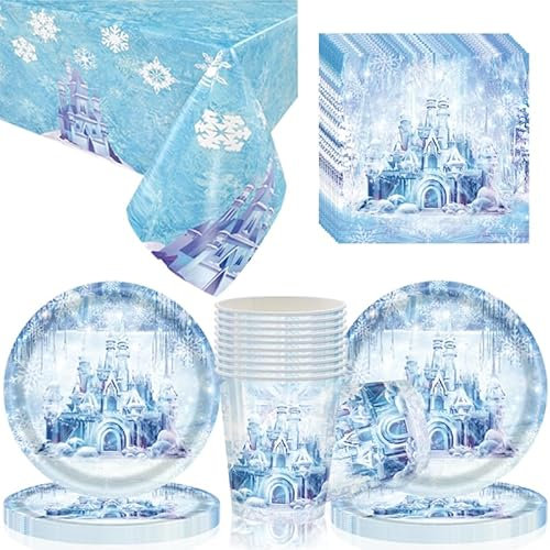 Doyomtoy Lot de 61 pièces de vaisselle Ice Castle Party avec tasses, serviettes, assiettes et nappes pour fêtes d'anniversaire, Noël, mariages pour 20 invités